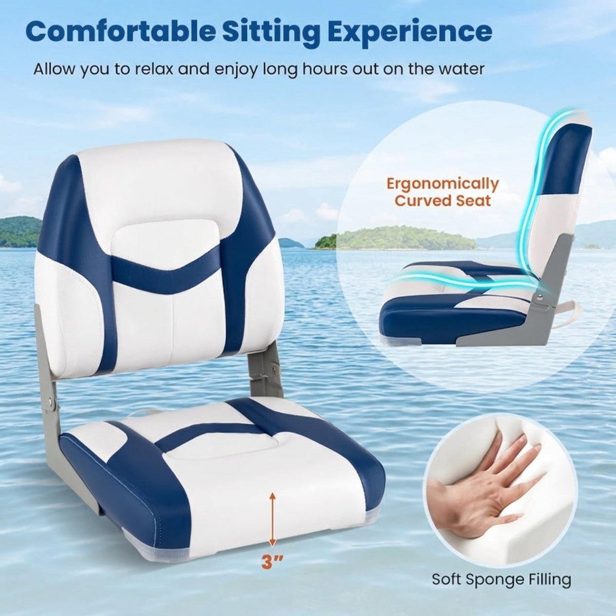 Airfind Foldable Boat Bucket Seat with Molded Plastic Shell, Compression Foam, Drain Holes and Quick Release Mount, Blue, Version 3