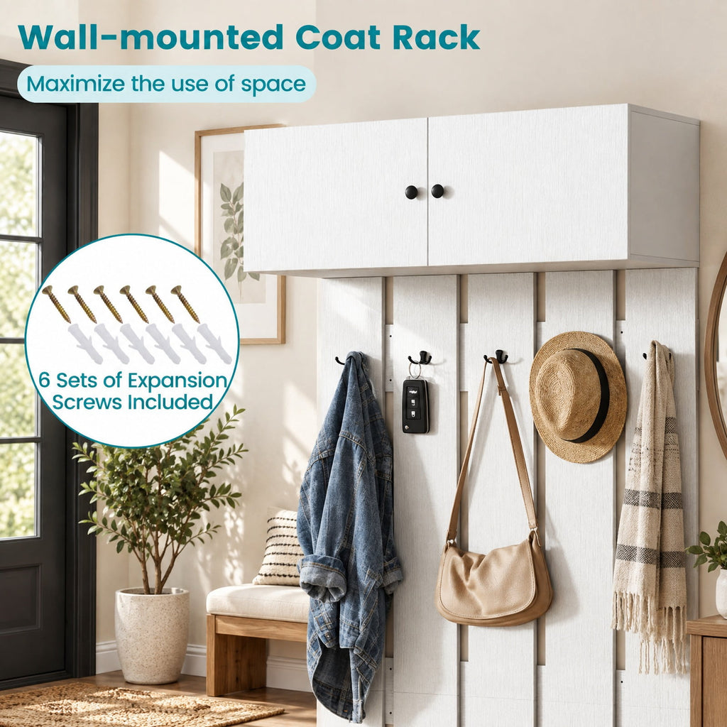 Airfind Entryway Wall Coat Rack Wall Mounted Coat Clothes Rack, 145 lbs Capacity, Engineered Wood Frame, 35.4in x 13in x 82.7in Footprint, White