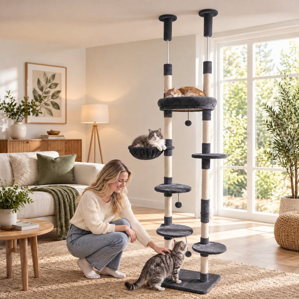 Airfind 6-tier Floor to Ceiling Cat Tree with Plush Bed and Sisal Scratching Posts, 33 kg Capacity, Plywood Plush Metal Sisal Rope Frame, Grey