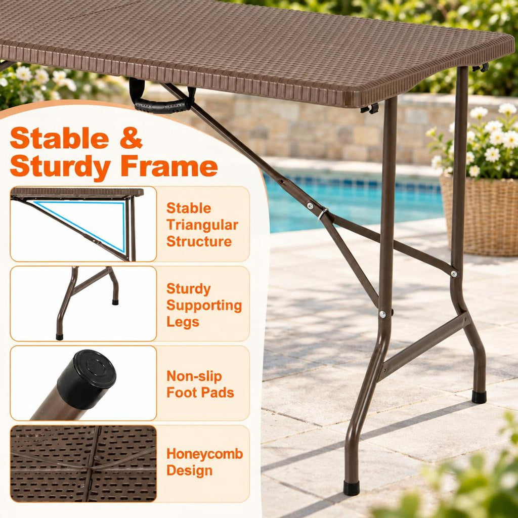 Airfind 5FT Folding Picnic Table with Rattan Grain HDPE Tabletop and Sturdy Metal Fame, 400 lbs Capacity, HDPE Metal Frame, Coffee