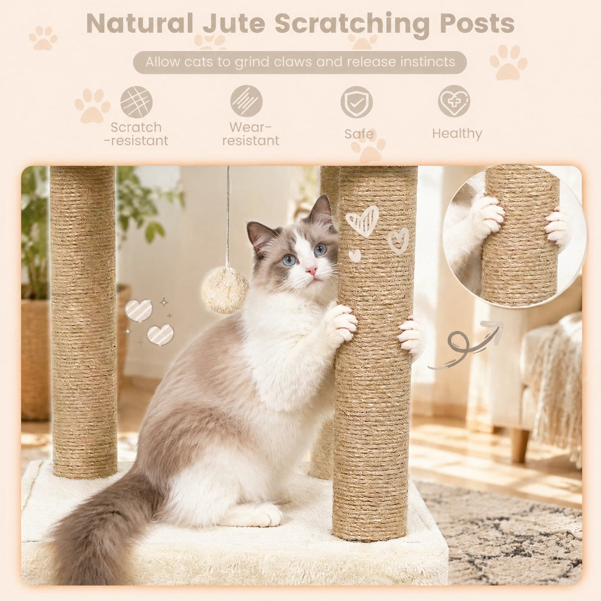 Airfind 64 Inch Tall Cat Tree with 2 Large Condos and Jute Scratching Posts for Indoor Adult Cats, 33 lbs Capacity, Beige