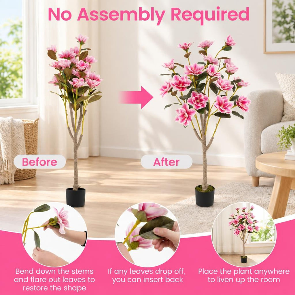Airfind Faux Wedding Flower Plant with Elegant PEVA Leaves and Multi-branch Trunks, PEVA PE PP Cement Tree Height 51 Inch Flowerpot, Pink