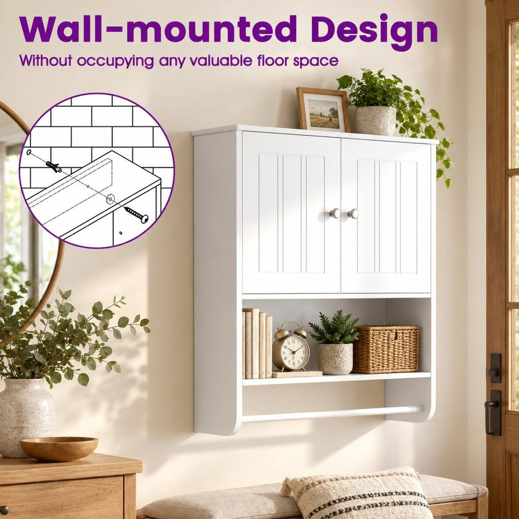 Airfind Bathroom Wall Cabinet with Towel Bar and Open Shelf and Adjustable Shelf, MDF Frame, 23.5in x 8in x 27.5in Footprint, White