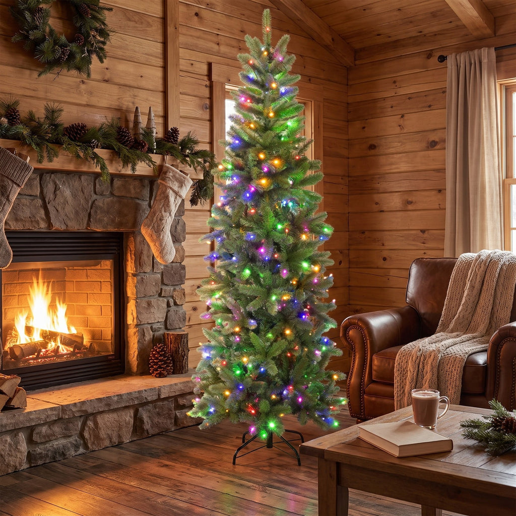 Airfind 7.5 Feet Pre-lit Full Artificial Christmas Tree with Warm White and Multi, PVC PE Metal Tree height: 7.5ft Tree width: 2.7ft Frame, White