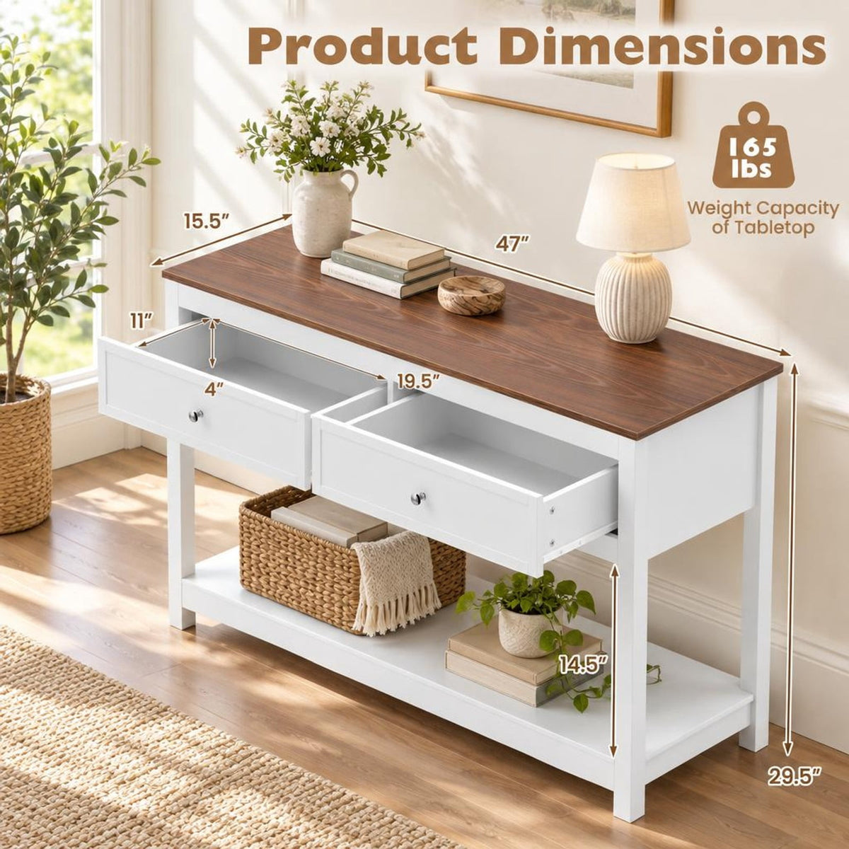 Airfind Farmhouse Console Table Entryway Sofa Table Featuring 2 Drawers and Open Storage Shelf for Living Room, 165 Lb Capacity, White