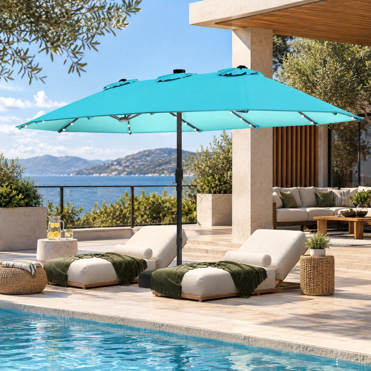 Airfind 15 Feet Double, Sided Patio Umbrella with 48 LED Lights, Turquoise, 48 LED lights are powered by a top solar panel, for Indoor and Outdoor Use