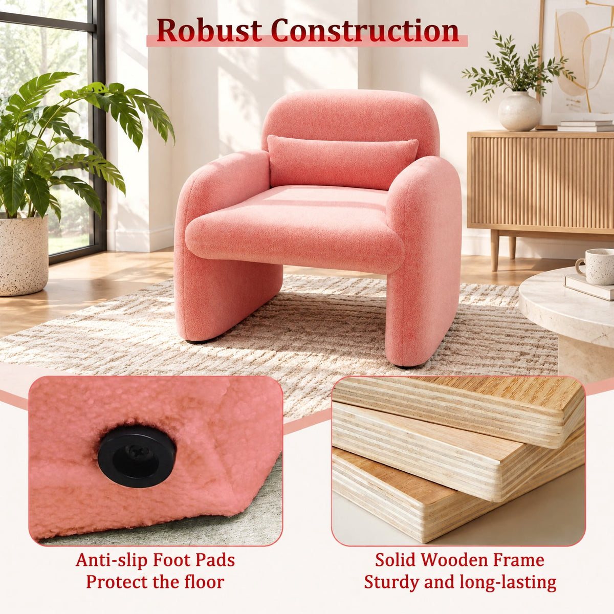 Airfind Modern Accent Chair with Waist Pillow and Armrests for Living Room Bedroom, 440 lbs Capacity, Sherpa Fabric Sponge Wooden Frame, Pink