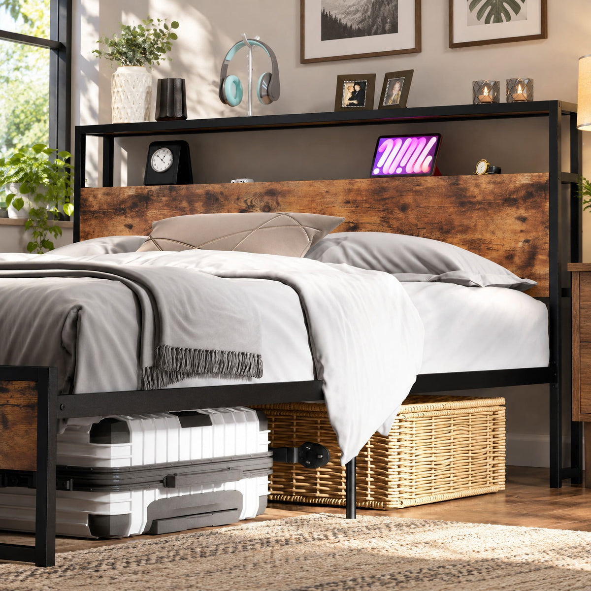 Airfind Queen Size Bed Frame with 2-Tier Storage Headboard and Charging Station, 600 lbs Capacity, Metal MDF Frame, 82.5 Inch x 55.5 Inch x 39 Inch Footprint