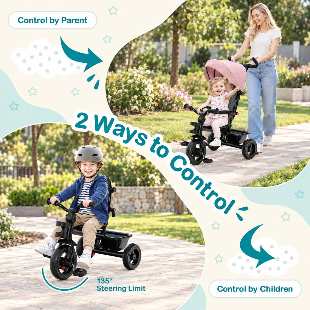 Airfind 4-in-1 Baby Tricycle Toddler Trike with Convertible Seat, 55 lbs Capacity, Steel polyester fabric PP EVA Frame, Pink