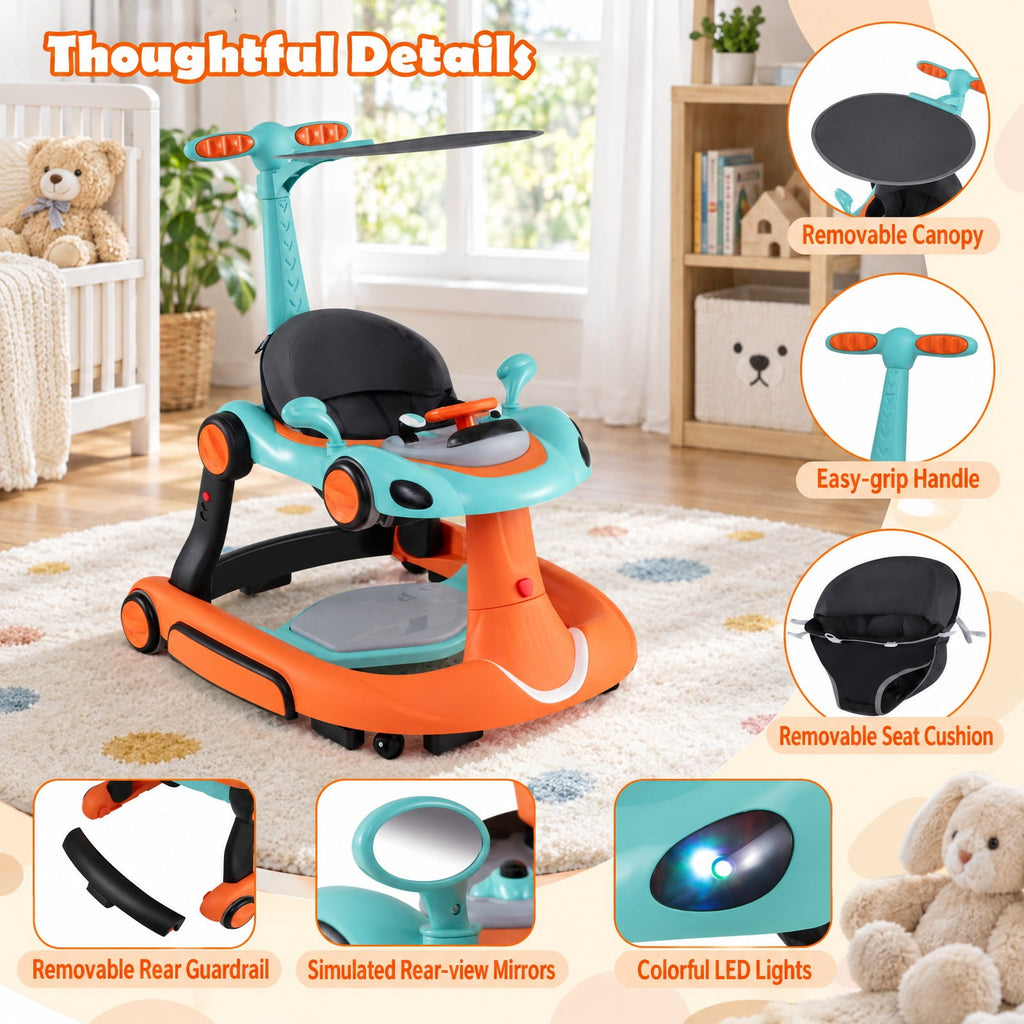 Airfind 6-in-1 Baby Walker with Canopy Portable Activity Center Bouncer Rocker Combo with Music, 27 lbs Capacity, PP ABS Fabric Sponge Frame, Green