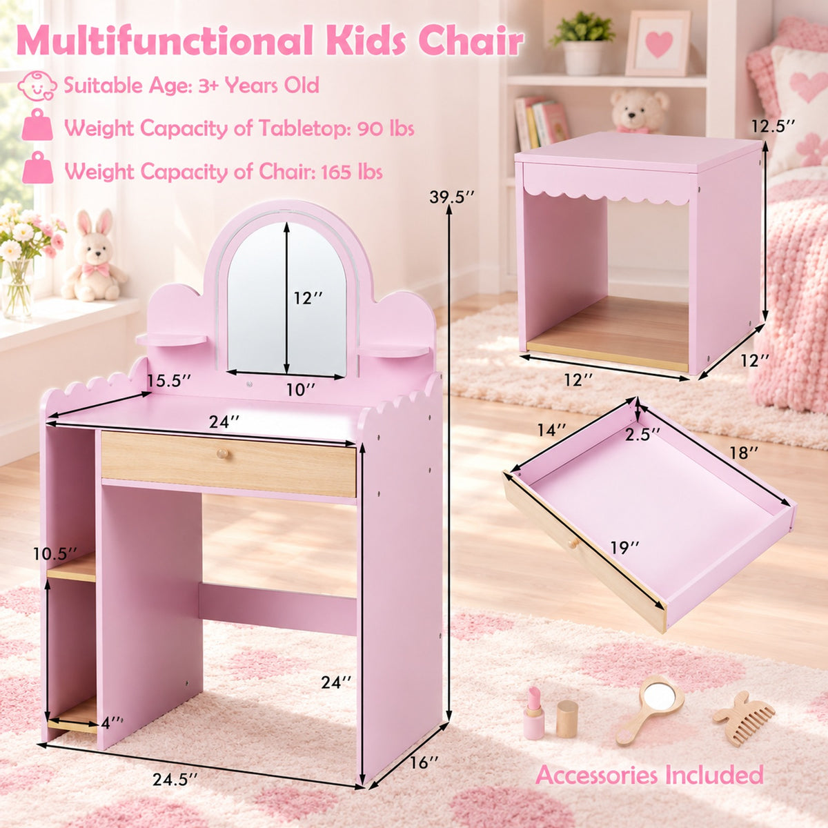 Airfind Pretend Personal Dressing Table Set with 2 Small Shelves and Compartments, 90 Lbs Capacity, Engineered Wood, for 3 and Years Old, Pink