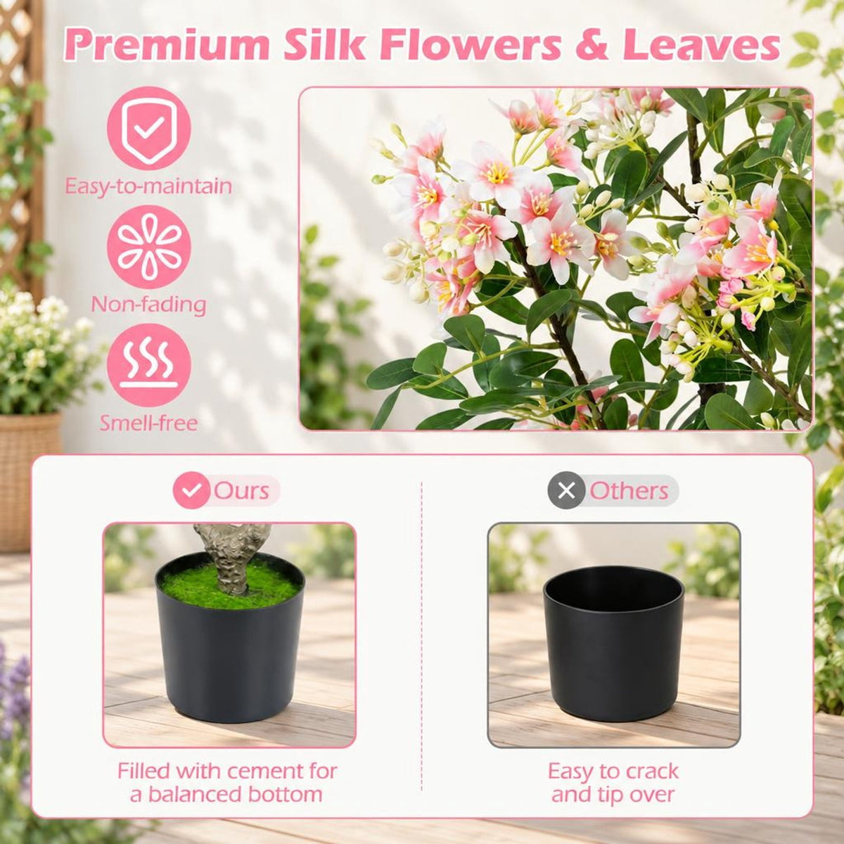 Airfind 36 Inch Set of 2 Artificial Impatiens Tree with Mini Fruits and Silk Flowers, PP PE Cement Silk Fabric Height 36 Inch Frame, Pink