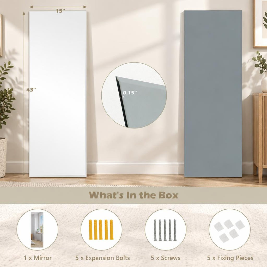 Airfind 43 x 15 Inch Wall Mounted Frameless Full Length Mirror, Glass Frame, 43 Inch x 15 Inch Footprint, Silvery
