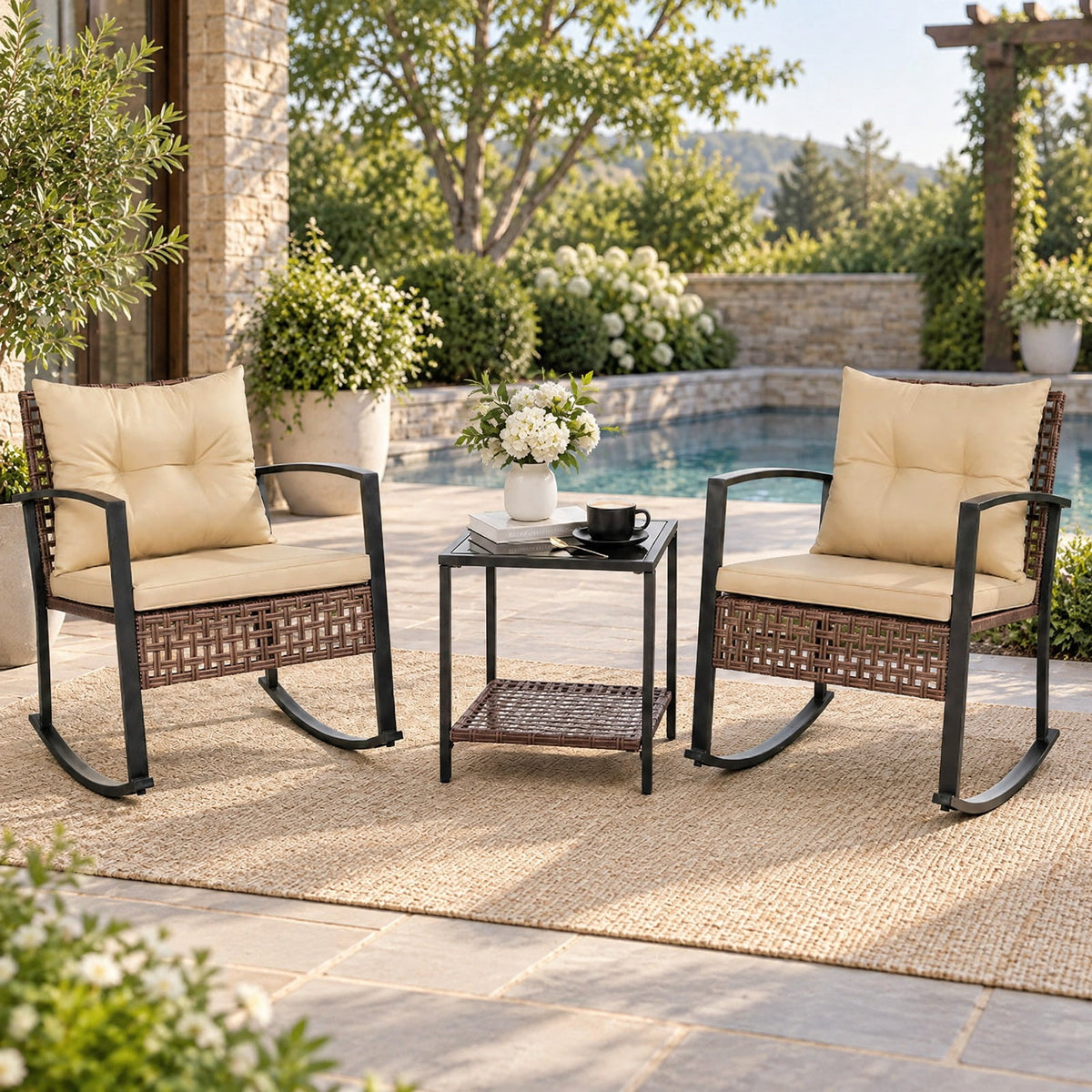 Airfind 3-Piece Outdoor Rocking Chair Set, 100 lbs Capacity, PE Rattan Metal Glass Polyester Non-woven Fabric Sponge Frame, Brown