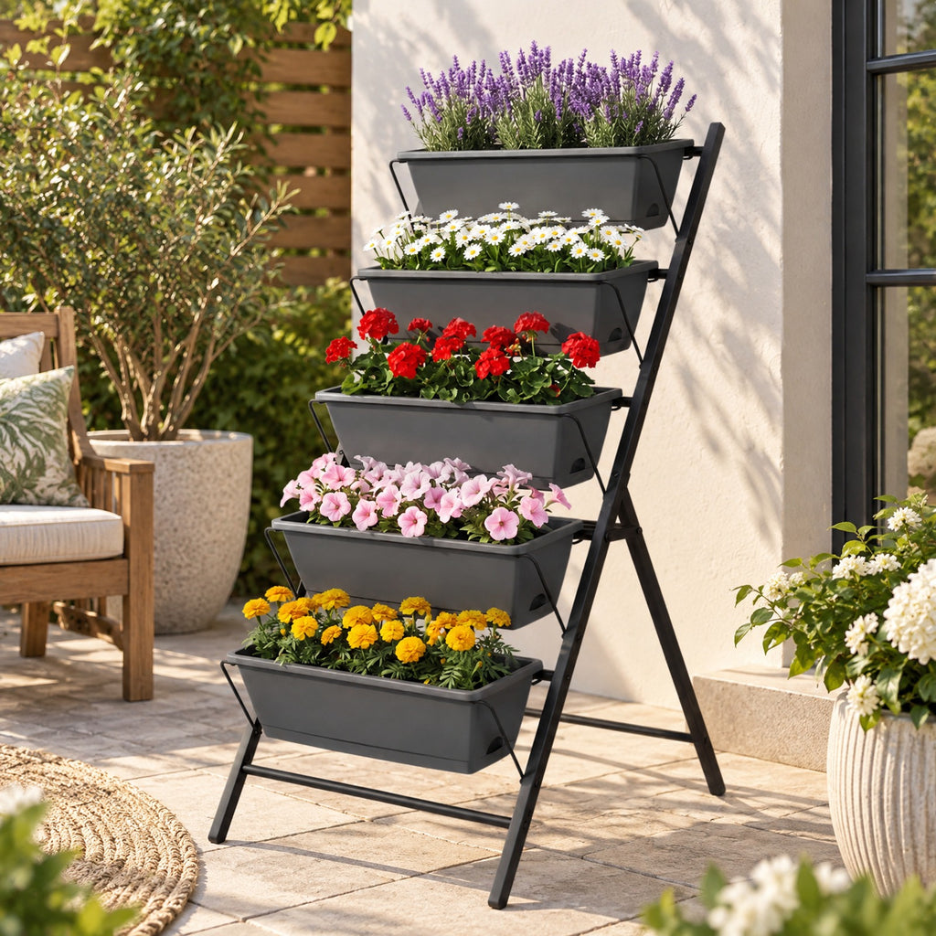 Airfind 5-Tier Vertical Raised Garden Bed with Drainage System and Removable Trays for Vegetables, 11 lbs Capacity, PP Metal Frame, Black