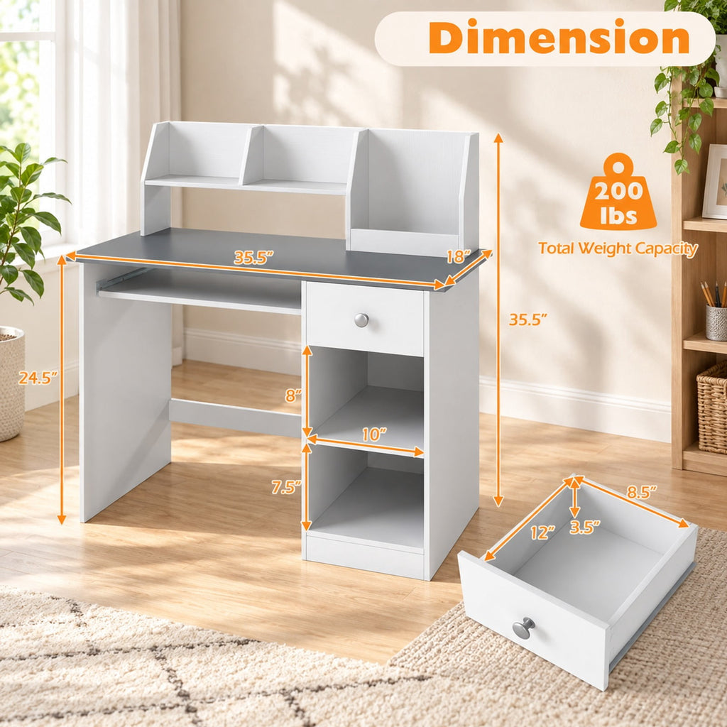 Airfind Kids Study Desk Children Writing Table with Hutch Drawer Shelves and Keyboard Tray, 200 lbs Capacity, Engineered Wood Frame, Grey