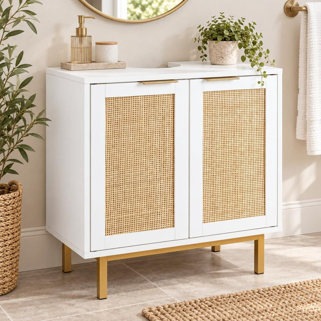 Airfind Bathroom Vanity Cabinet with U-Shaped Cut-Out 2 Rattan Doors and Shelf, 66 Lbs Capacity, Engineered Wood Metal Rattan, White