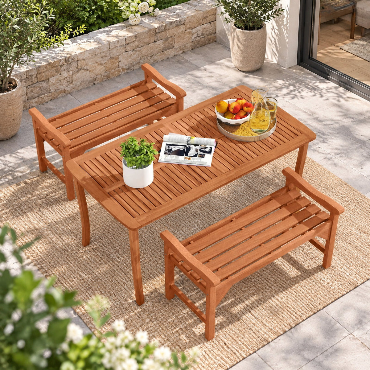 Airfind Set of 2 Solid Wood Backless Garden Bench with Support Handles and Curved Slatted Seat for Deck, 530 lbs Capacity, Wood Frame, Wood