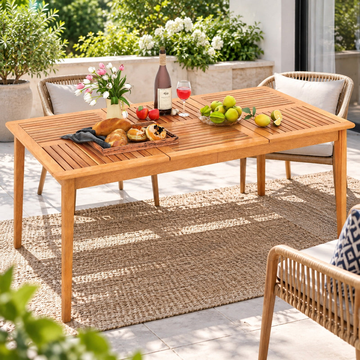 AIRFIND Patio Dining Table for Six with Acacia Wood Slatted Top, Umbrella Hole and Reinforced Frame, 67 x 35 x 30 in, Natural