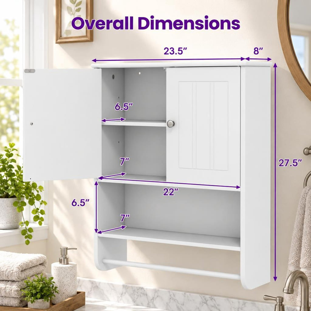 Airfind Bathroom Wall Cabinet with Towel Bar and Open Shelf and Adjustable Shelf, MDF Frame, 23.5in x 8in x 27.5in Footprint, White
