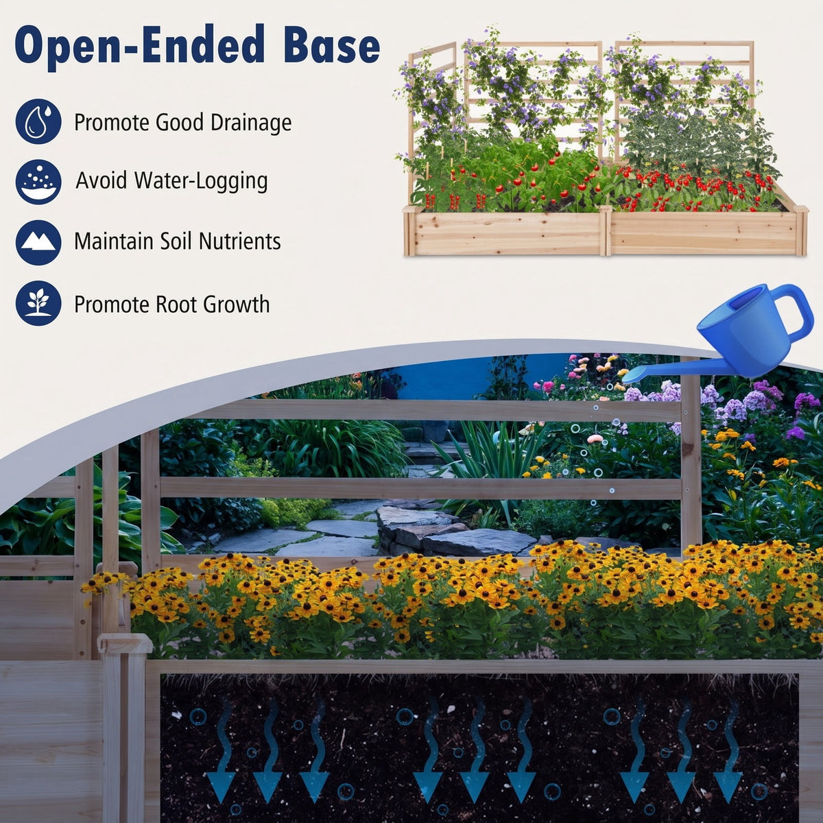 Airfind Raised Garden Bed with 2 Planter Boxes and 3 Trellis, Trellis 22 lbs Capacity, Fir Wood Frame, Natural