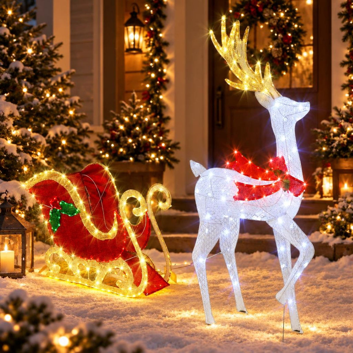 Airfind LED Lighted Christmas Reindeer and Santas Sleigh, Mesh Fabric PVC Metal Frame, 31in x 12in x 5.4 ft Footprint, White Red Green