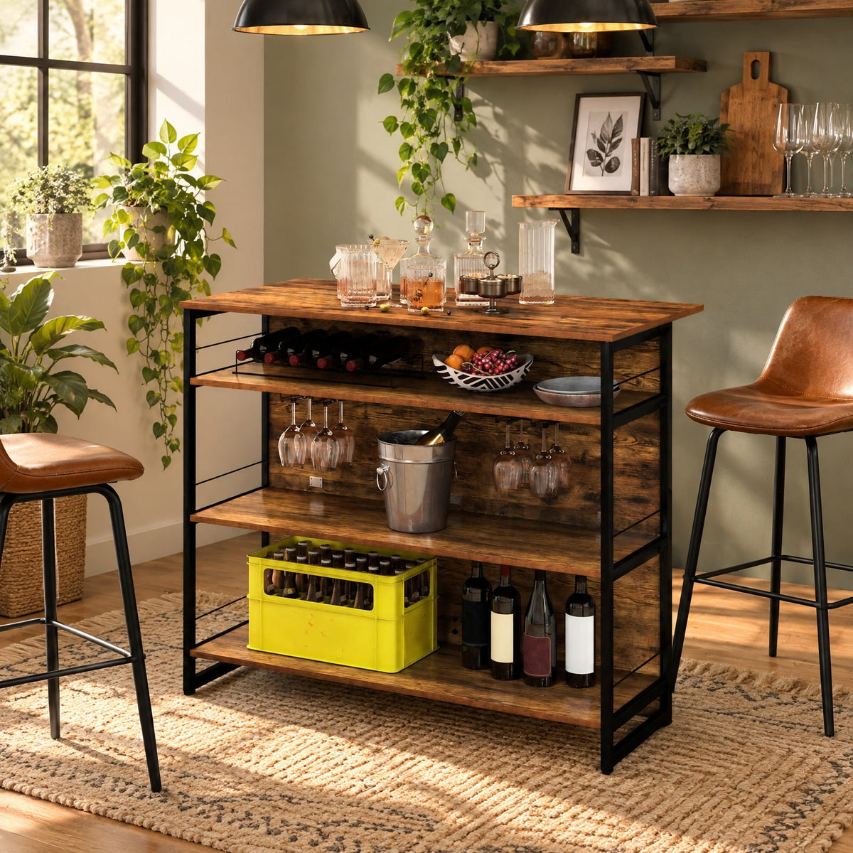 Airfind 4-Tier Mini Bar Kitchen Island with Footrest and Wine Rack, 44 lbs Capacity, Engineered Board Metal Frame, 47 Inch x 23.5 Inch x 40 Inch Footprint