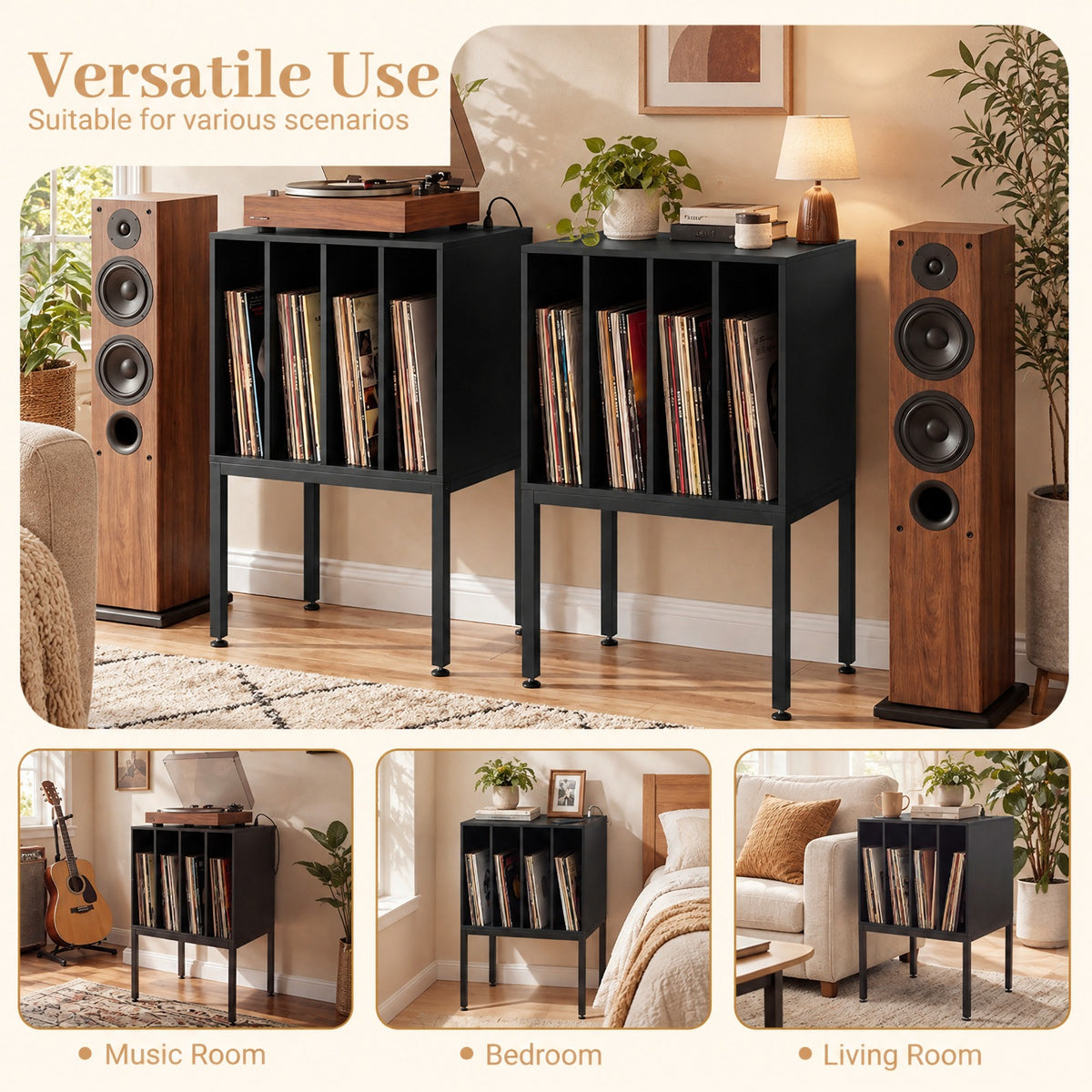 Airfind Turntable Record Player Stand with Power Outlets, 88 lbs Capacity, Engineered Wood Metal MDF Frame, 20 x 16 x 32 Footprint, Black