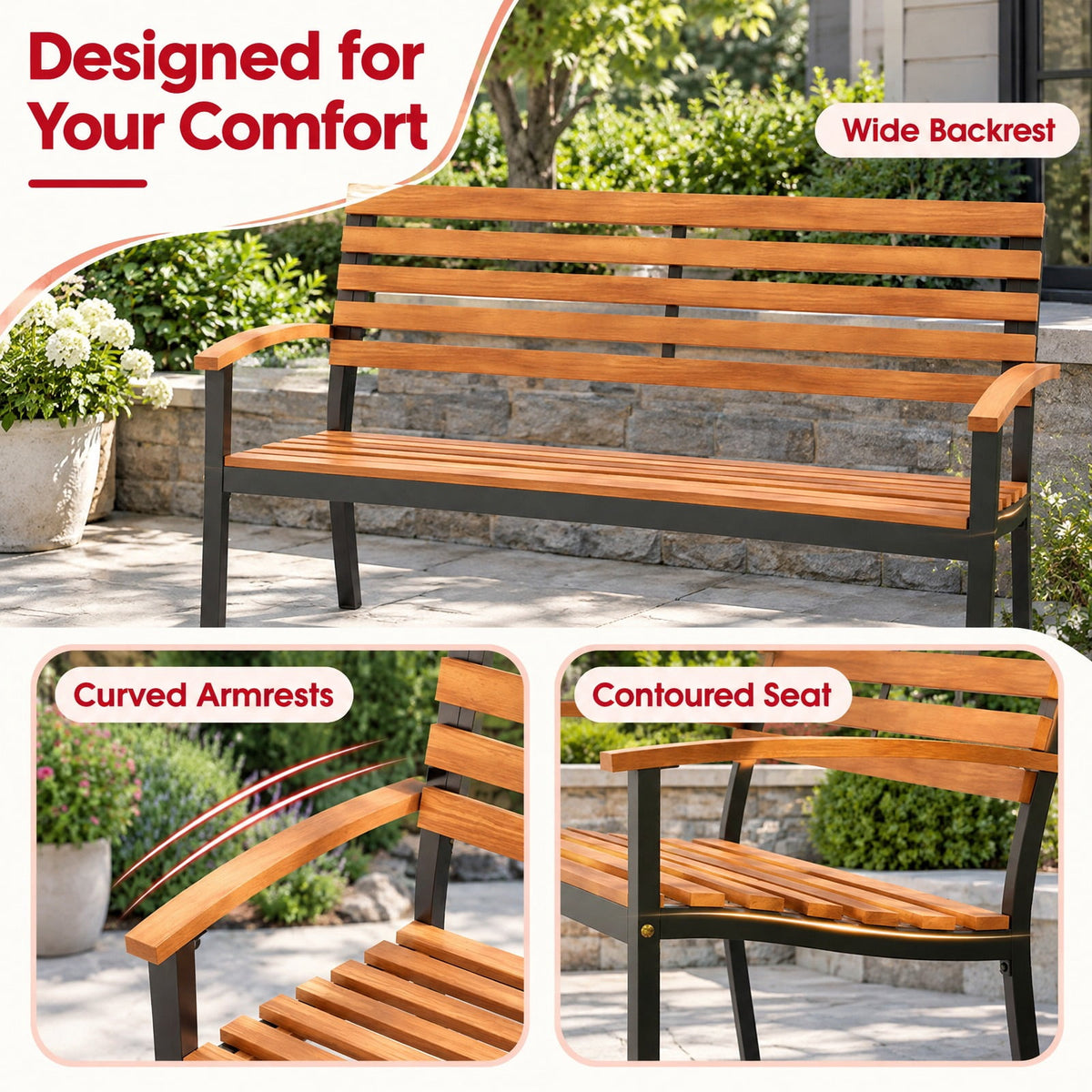 Airfind Outdoor Bench Acacia Wood Patio Loveseat with Backrest Armrests, 800 lbs Capacity, Acacia Wood Metal Frame, 47 × 23 × 34 Footprint, Wood
