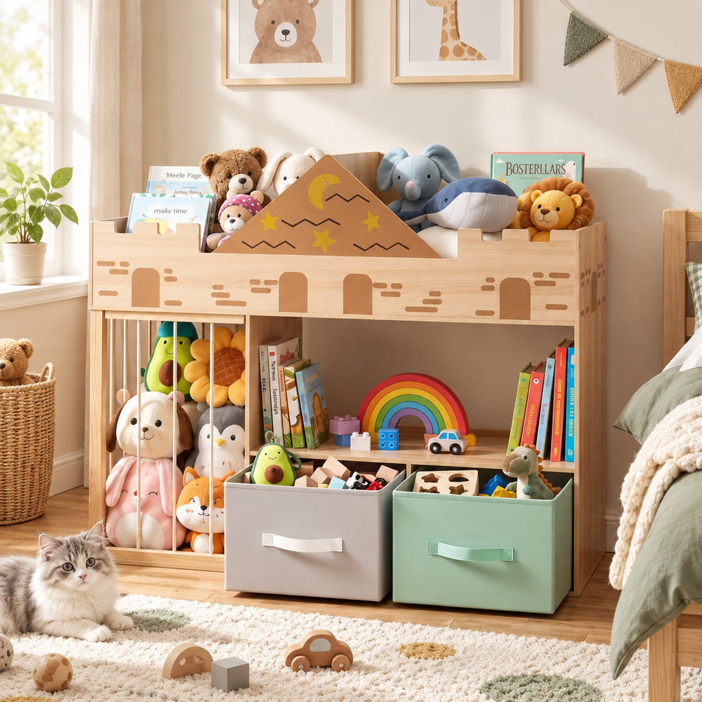 Airfind Toy Storage Organizer with Stuffed Animal Storage and Open Shelves, 35 lbs Capacity, Engineered Wood Pine Wood Cotton PP Frame, Natural