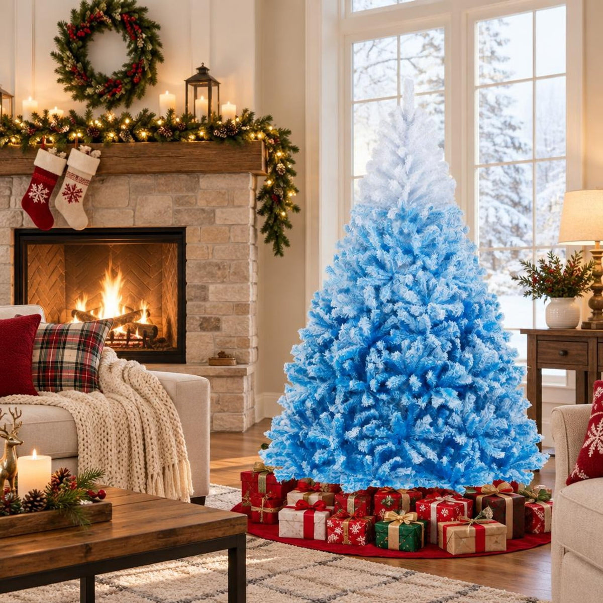 Airfind 2025 New Artificial Christmas Tree with 456 Branch Tips and Folding Metal Stand-7FT, Blue, Diameter of Stand 16 Inch 18 Inch 20 Inch 22 Inch