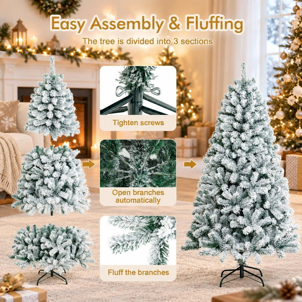 Airfind 6 Feet Artificial Snow Decorated Flocked Hinged Christmas Tree with Metal Stand, White, Diameter of Metal Stand 18 Inch 20 Inch