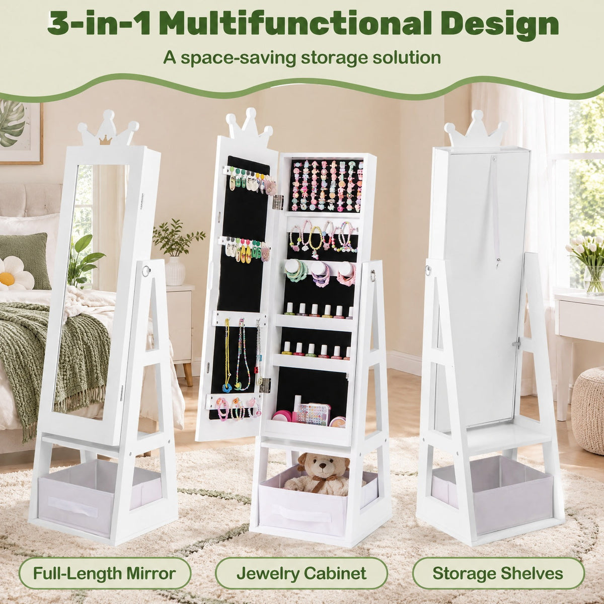 Airfind Free-Standing Full Length Kids Jewelry Armoire Cabinet with Storage Capacity, MDF Frame, 12.5 Inch x 12 Inch x 45.5 Inch Footprint, White