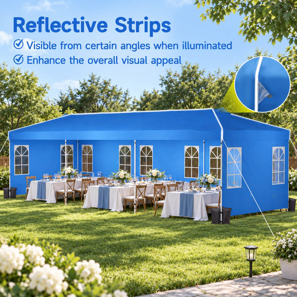 Airfind 10 x 30 FT Pop Up Canopy Tent with 8 Sidewalls and Adjustable Height, PE Metal Fabric Frame, 30 x 10 x 8.5/8.2/7.9 ft Footprint, Blue