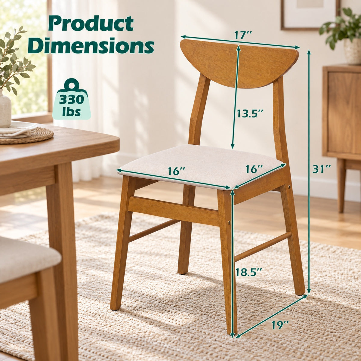 Airfind Set of 4 Upholstered Dining Chairs with Curved Backrest and Rubber Wood Frame, 330 lbs Capacity, Rubber Wood Foam MDF Frame, Natural