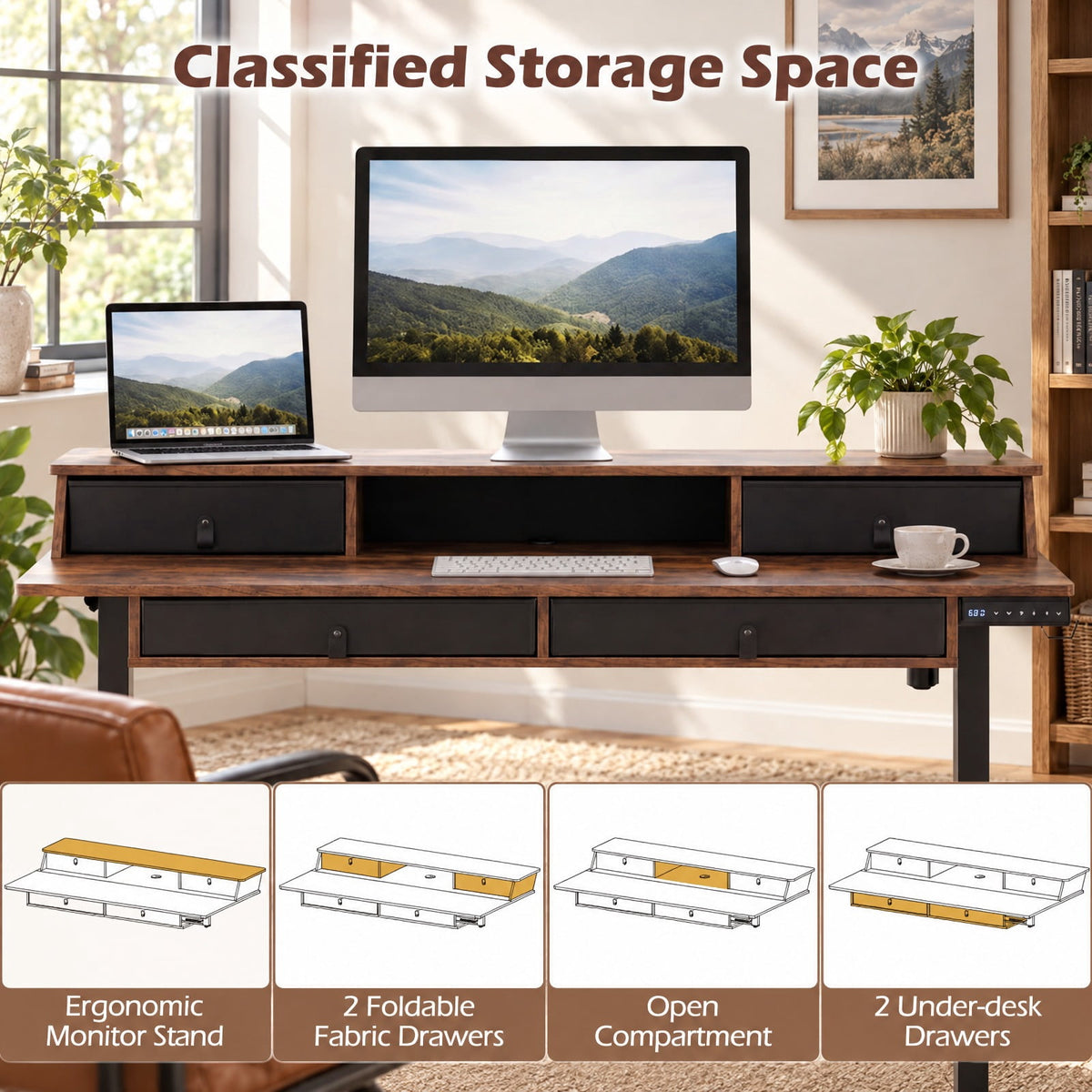 Airfind 55 Inch x 27 Inch Electric Standing Desk with Drawers, Engineered Wood Metal Fabric Frame, 55 Inch x 27 Inch x 33.5 Inch -51 Inch Footprint, Brown