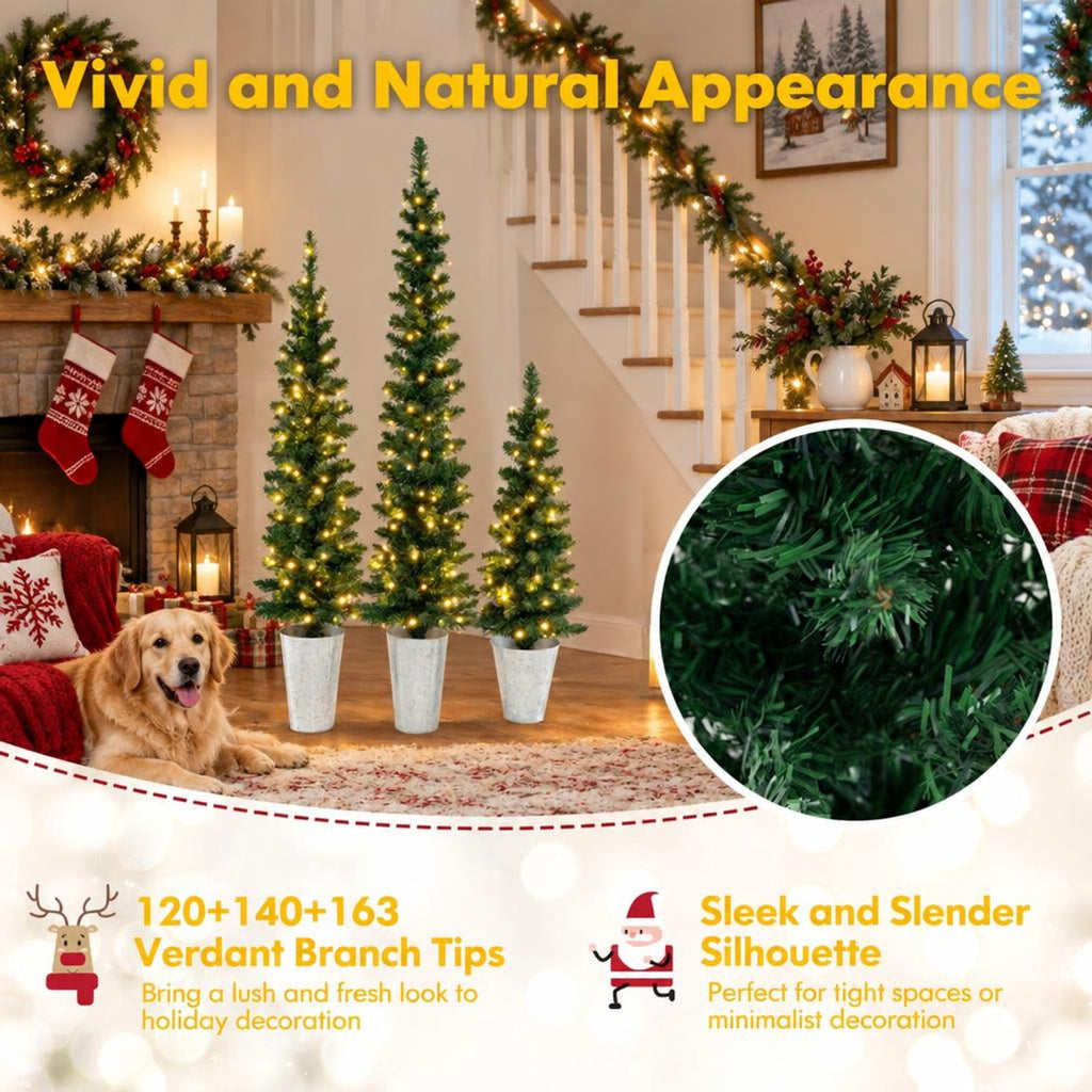 Airfind Set of 3 Pre-Lit Artificial Christmas Trees with 230 Warm White LED Lights, PVC Tree Height 3 ft Tree Width 10 Inch Frame, White
