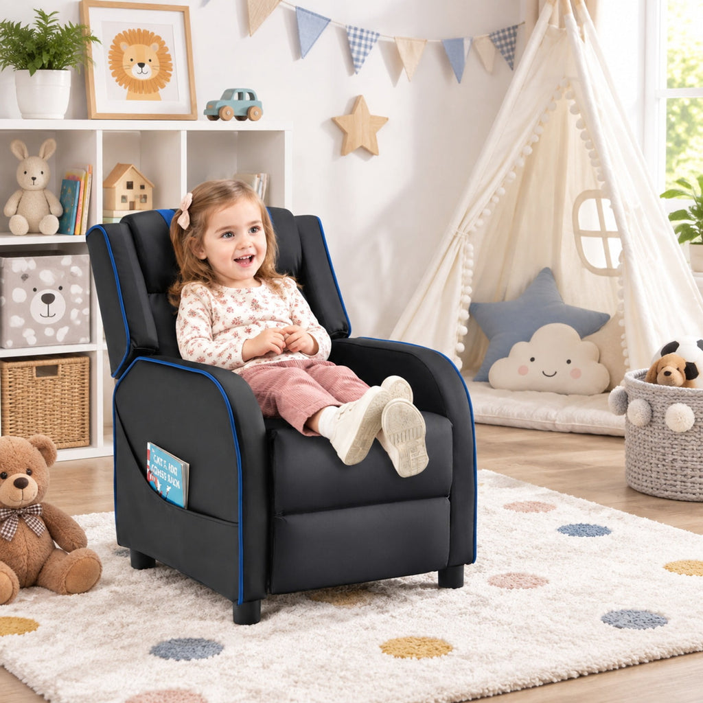 Airfind Kids Recliner Chair with Side Pockets and Footrest, 110 lbs Capacity, Sponge PU leather wood steel plastic Frame, Blue