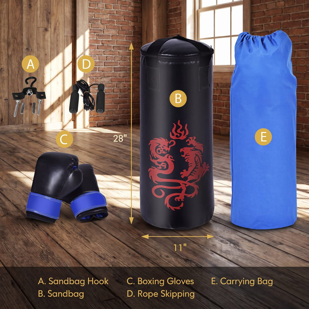 Airfind 5 Piece 40 Pound Filled Hanging Punching Bag Boxing Set with Gloves Jump Rope and Rucksack for Home Training, Black