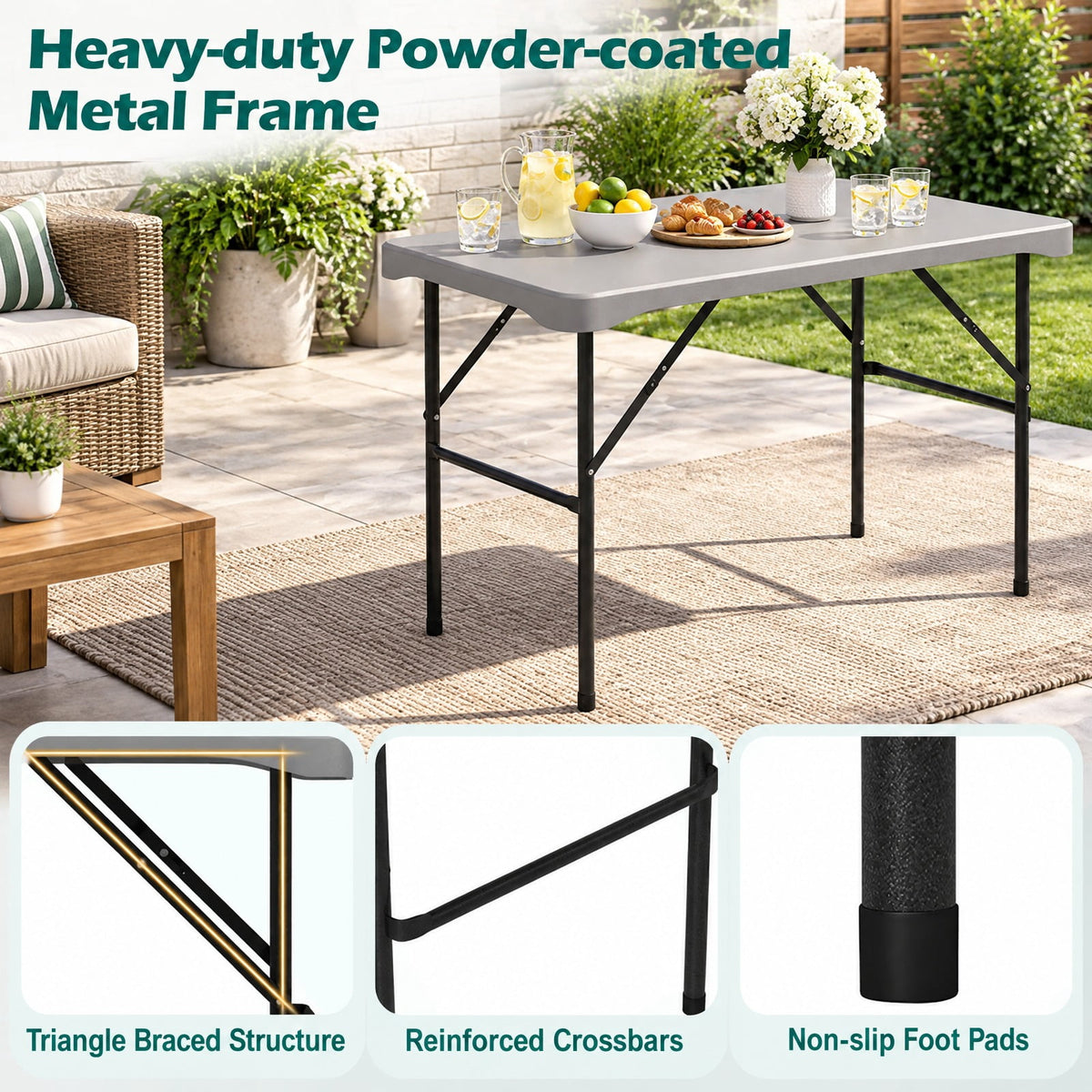 Airfind 44 Inch HDPE Folding Picnic Table Set with 2 Benches, 110 lbs Capacity, HDPE Metal Frame, 44 Inch x 24 Inch x28 Inch Footprint, Grey