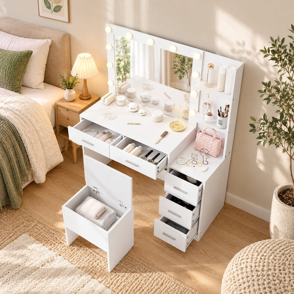 Airfind Makeup Table and Stool Set with Hair Dryer Stand, 230 lbs Capacity, MDF Frame, 43.5in x 16in x 54in Footprint, White