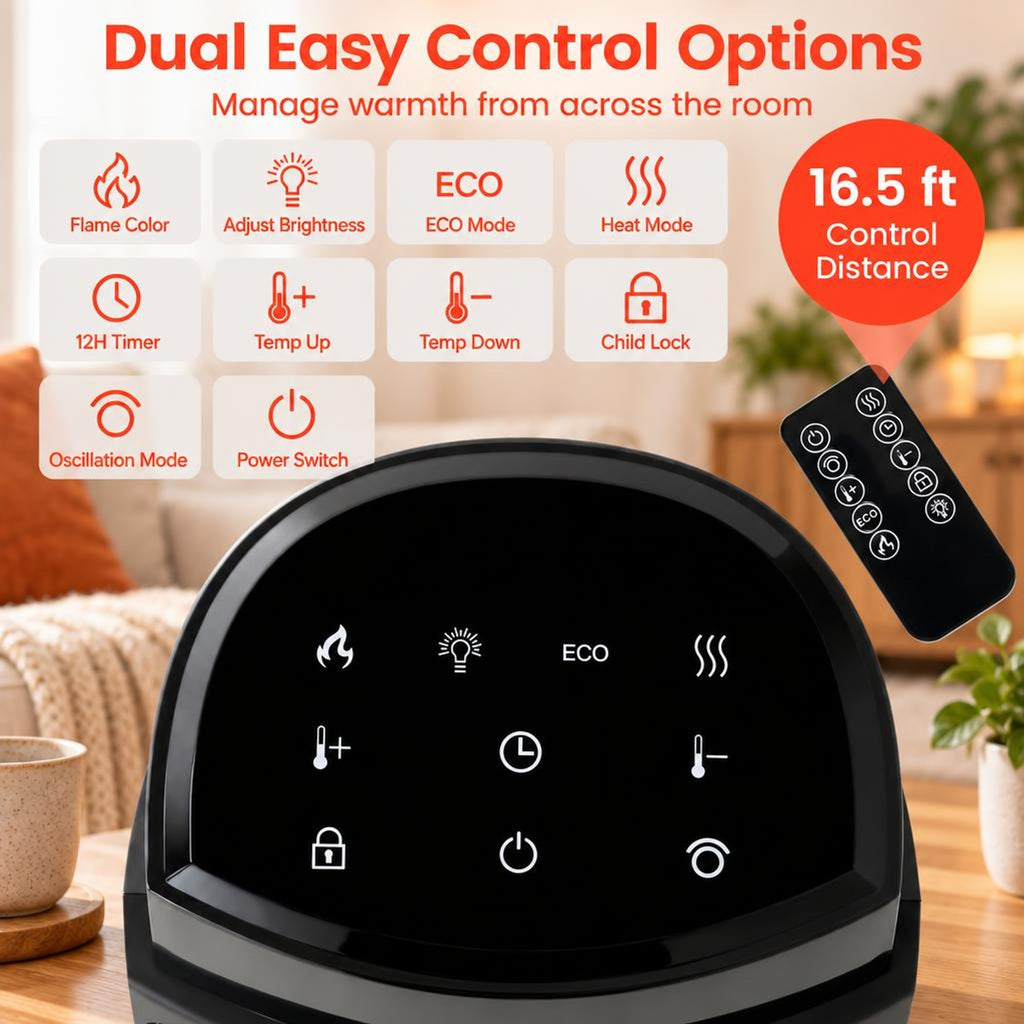 Airfind 24 Inch 1500W PTC Ceramic Tower Space Heater with 7-Color Flame, 9 Inch x 24 InchLength of Footprint for Everyday Use, Black