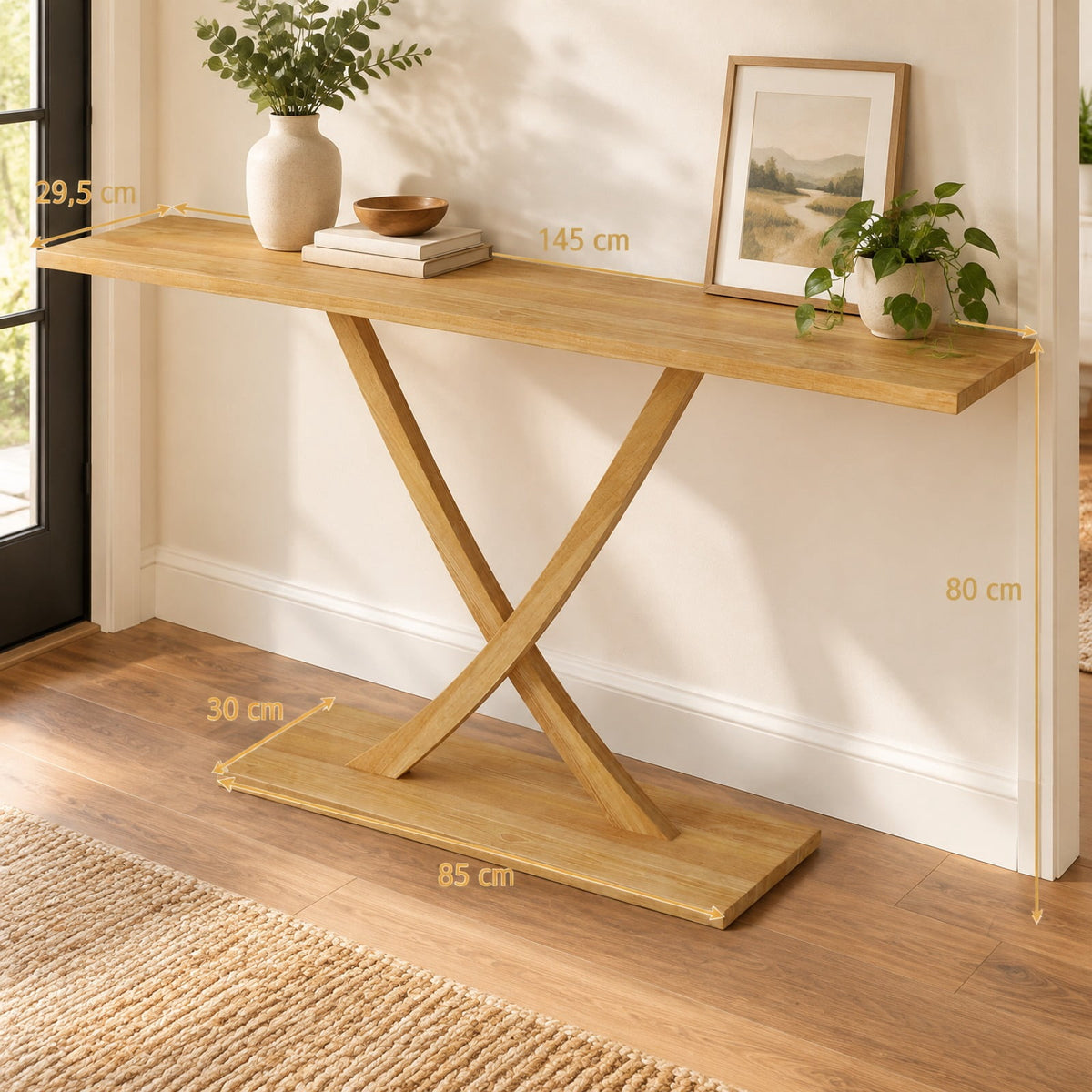 Airfind 57 Inch Solid Wood Console Table with Teak Wood Frame and Geometric Design, 110 lbs Capacity, Teak Wood Frame, 57 x 12 x 32 Footprint