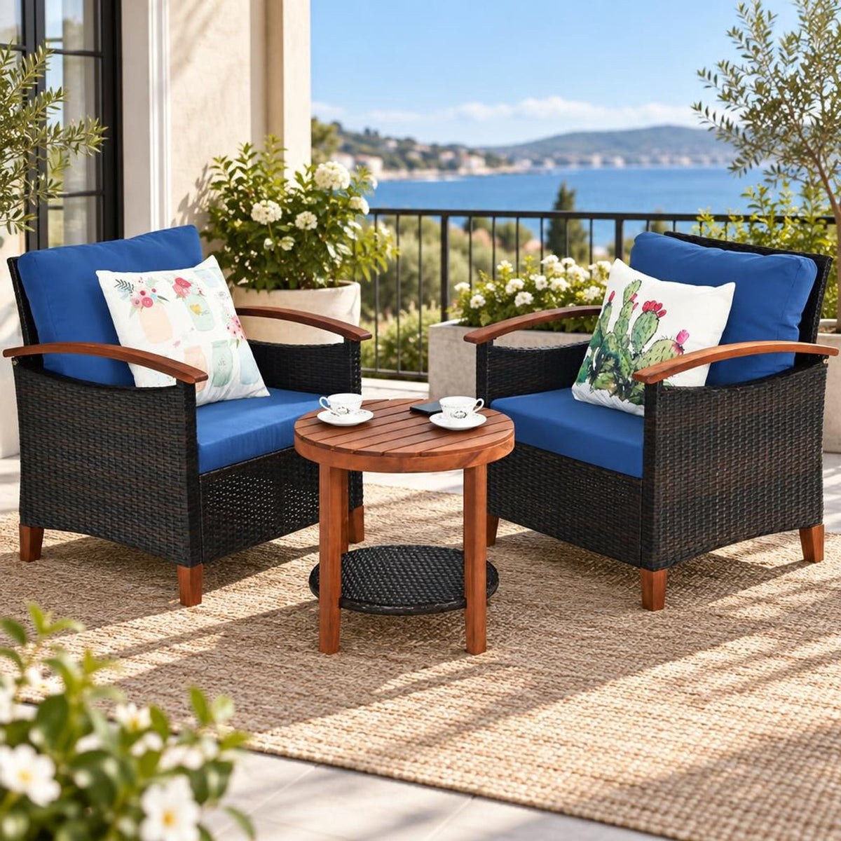 Airfind 3 Pieces Patio Rattan Furniture Set with Washable Cushion and Acacia Wood Tabletop, 360 lbs Capacity, 26 x 27.5 x 31 Footprint, Blue