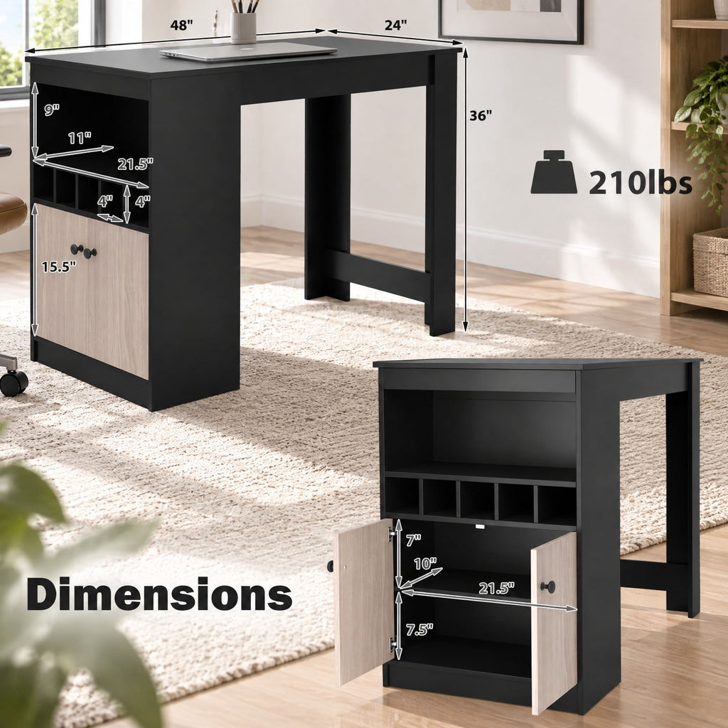 Airfind 48 Inch Bar Table with Storage Cabinet and Wine Rack, 210 lbs Capacity, Engineered Wood MDF Frame, 48 x 24 x 36 Footprint, Black
