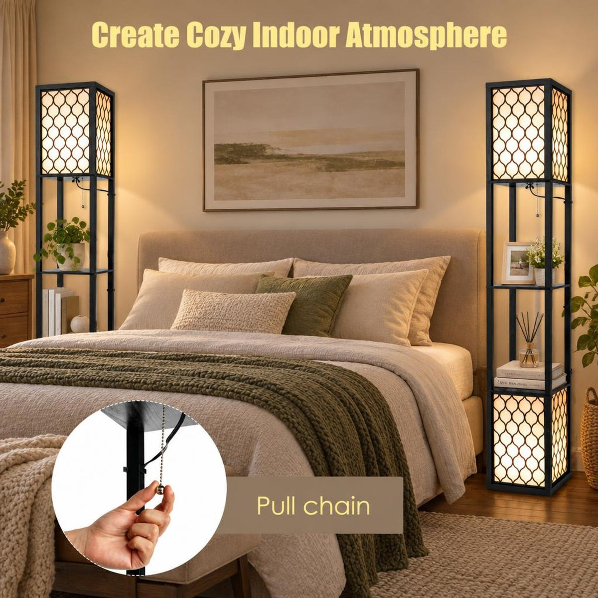 Airfind Modern Shelf Freestanding Floor Lamp with Double Lamp Pull Chain and Foot Switch, MDF Frame, 10in x 10in x 62in Footprint, Black+ White