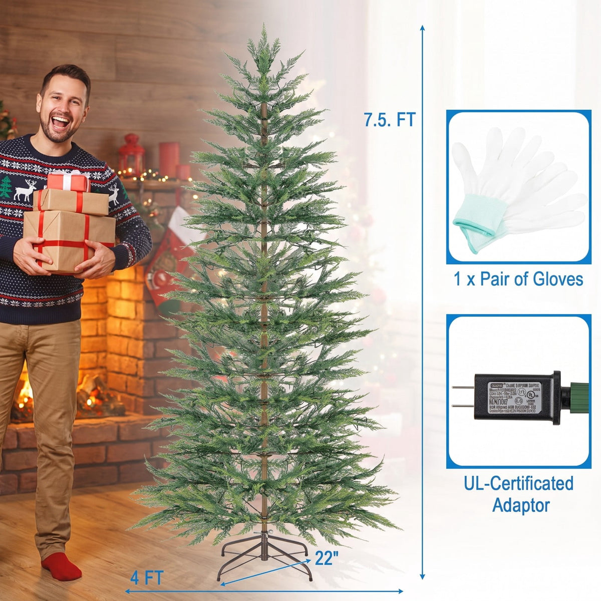 Airfind 6.5/7.5 Feet Artificial Cypress Christmas Tree Pre-lit Hinged-7.5 ft, PE Metal Tree Height 6.5 ft/7.5 ft Tree Width 4 ft Frame, Green