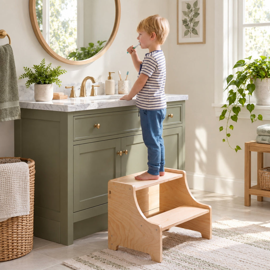 Airfind Standing Tower, Foldable Youth Step Stool Wooden Kitchen, with 2-Step Height, 110 lbs Capacity, Pine Wood Frame, for 3+ Years Old, Natural