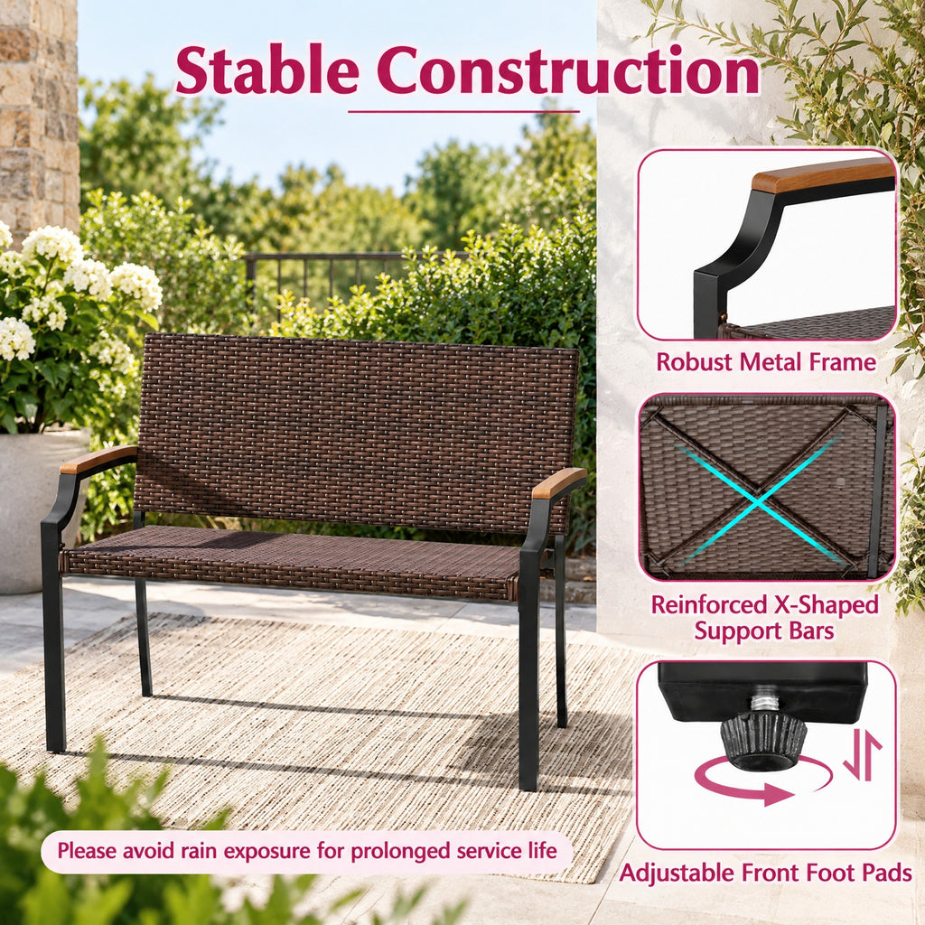 AIRFIND Patio Wicker Loveseat with Acacia Wood Armrests, Woven PE Rattan Seat, Metal Frame and Adjustable Front Feet, Mix Brown
