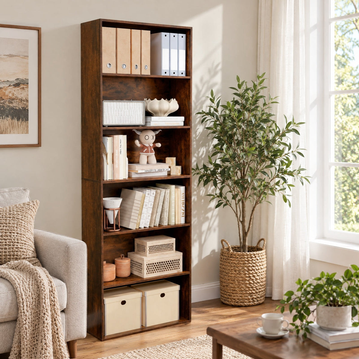 Airfind 6-Tier Bookcase with 6 Open Shelves and Anti-Toppling Kits, 200 lbs Capacity, MDF Engineered Wood Frame, 23.5in x 9.5in x 70in Footprint, Brown